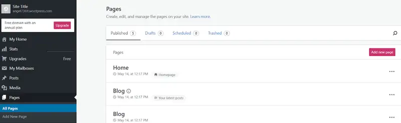 WordPress Pages screen listing published pages, with an Add new page button